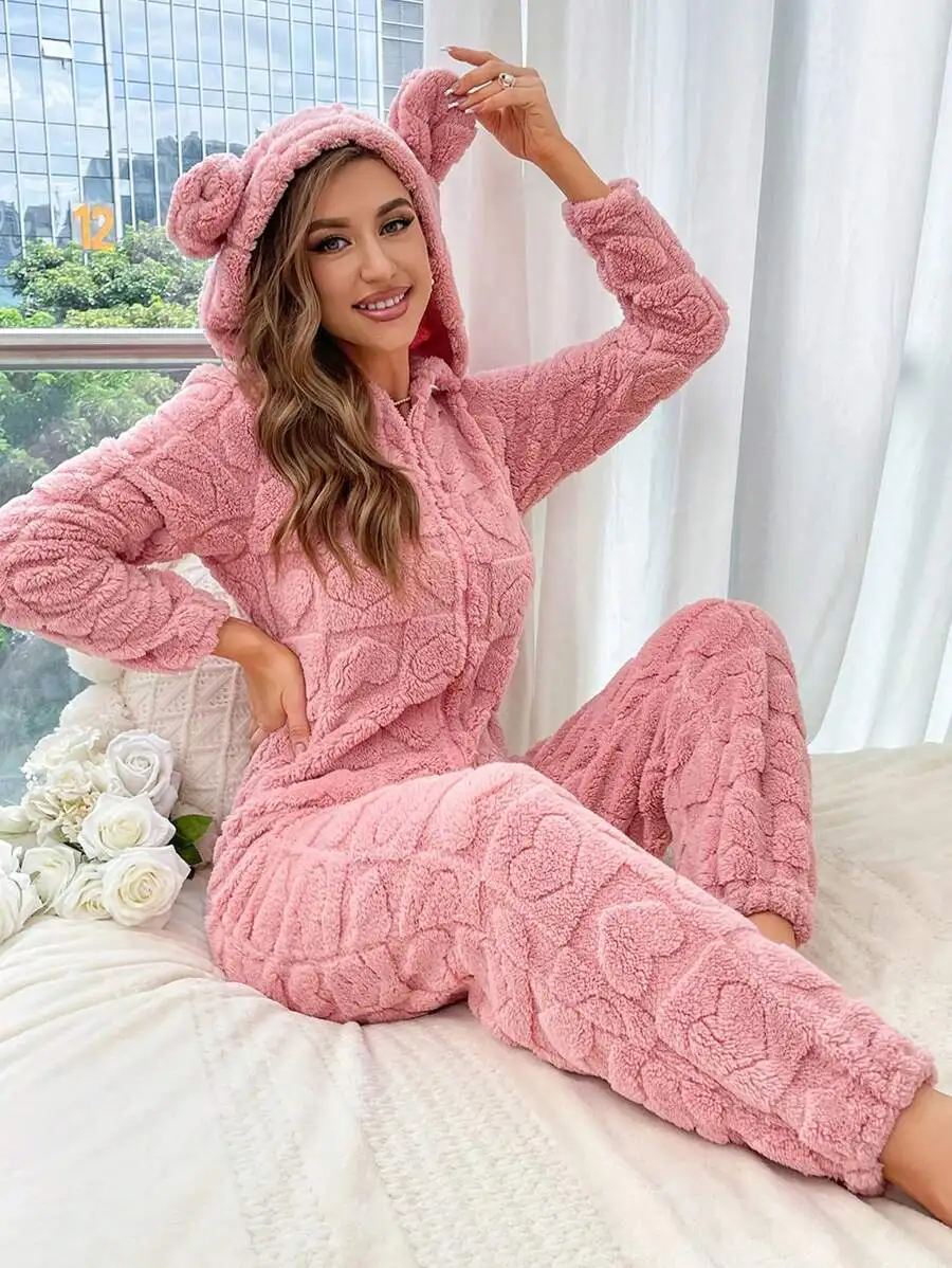 

Women's Plush Hooded Jumpsuit with 3D Ear Detail, Cozy Fluffy Lounge Wear for Winter