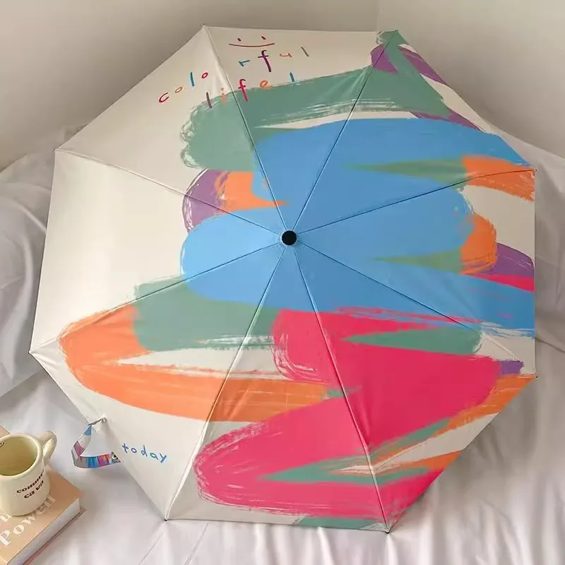 Korean Style Umbrella Sunshade UV Protection Handle 3 Folding Sunny Rainy Black Coating Girls Gift Oil Painting Student Umbrella