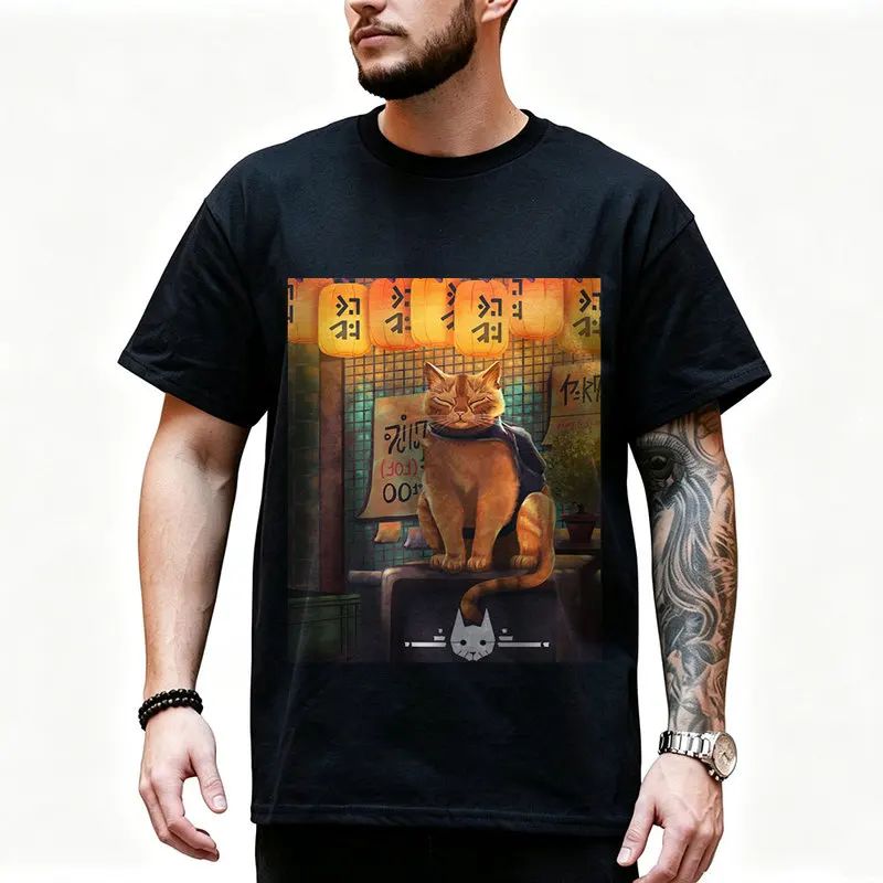Stray Video Game Cat Graphic T‑Shirt O‑Neck Short Sleeve Unisex Tees Cyberpunk Stray Cat Print Casual Streetwear For Gamer Fans