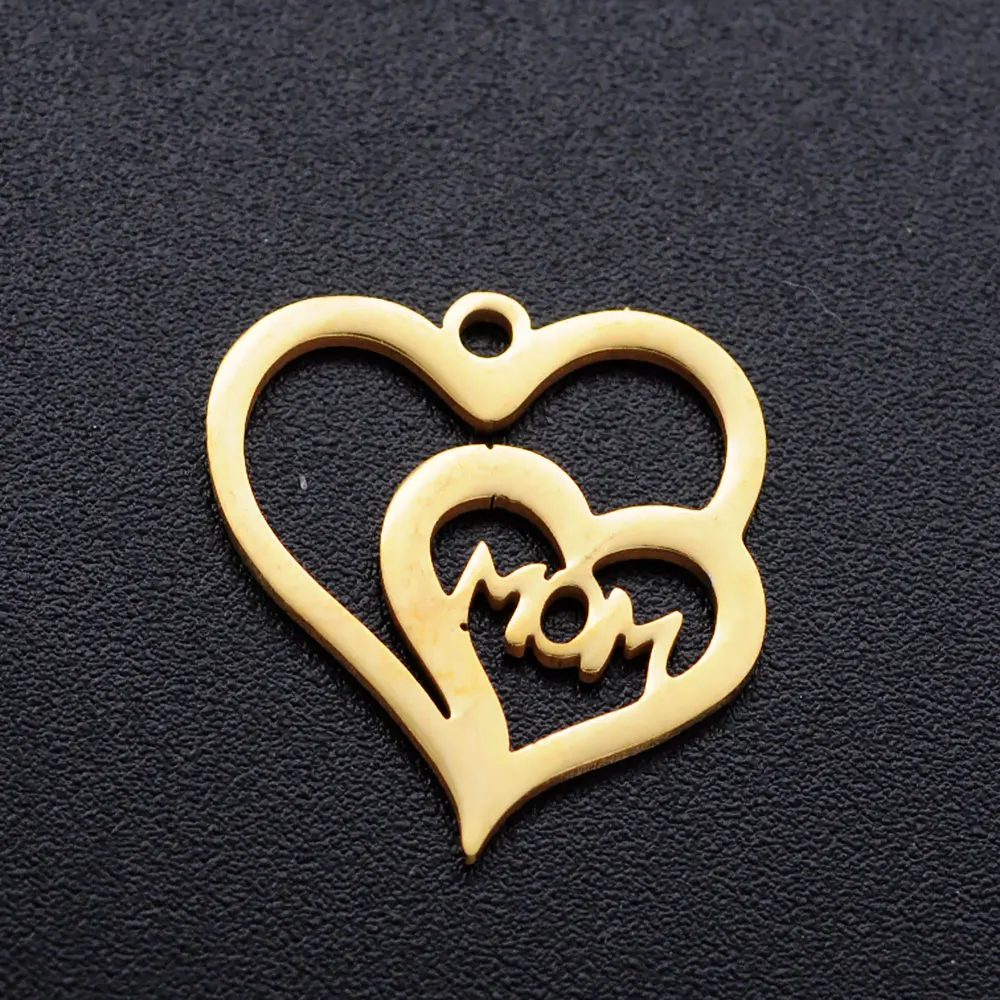 Breloques de bijoux en acier inoxydable pour maman, pendentif coeur maman brillant, cadeau de bricolage pour la fête des mères, artisanat anticonnexion, 15x15x1mm, 5 pièces