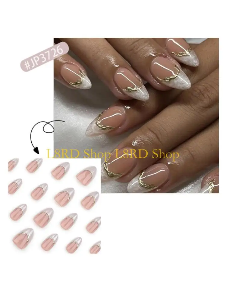 L8RD 24pcs Short Almond Press On White French Tips with 3D Gold Line Design for DIY Manicure Art Decoration
