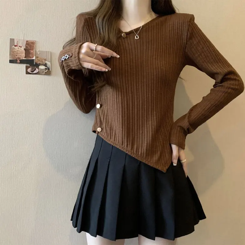 

Irregular Long Sleeve Knitted T-shirt Women's Clothing Casual V-Neck Spring Autumn Stylish Asymmetrical Solid Color Pullovers