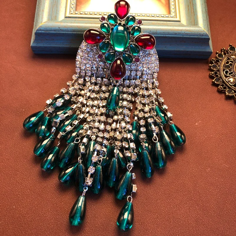 Bohemian style jewelry green red inlaid gemstone tassel drop pendant brooch temperament versatile jewelry
