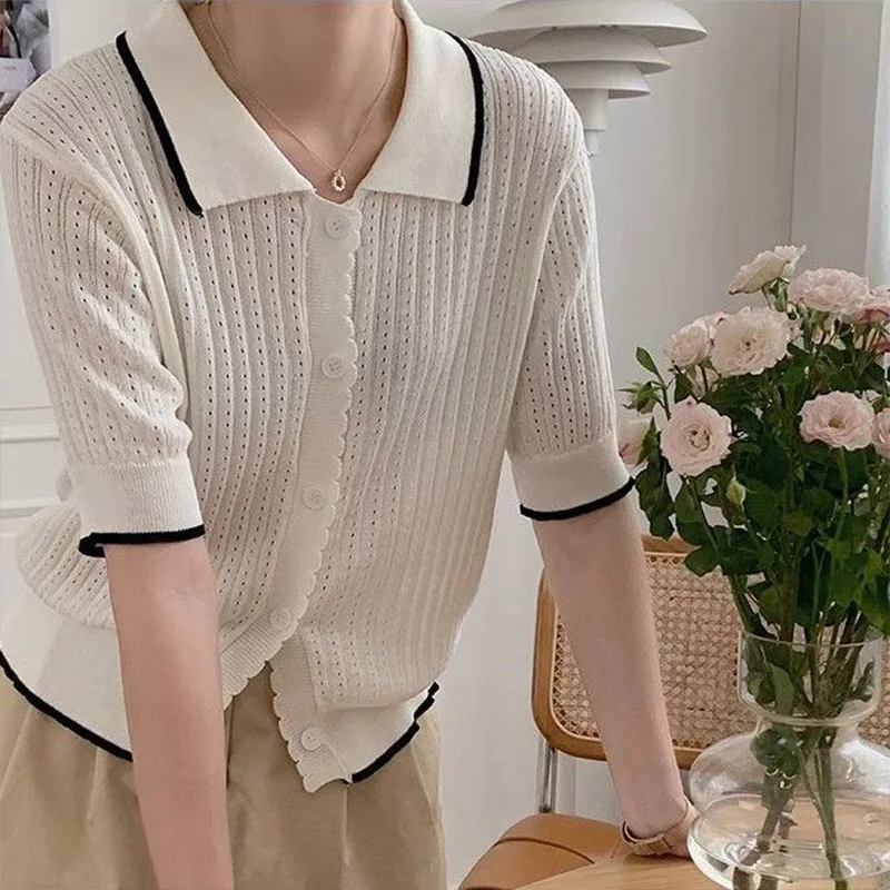 Women Clothing Solid Polo-neck Short Sleeve Knit Shirt Summer Elegant Chic Thin Cardigan Office Lady Loose All-match Tops