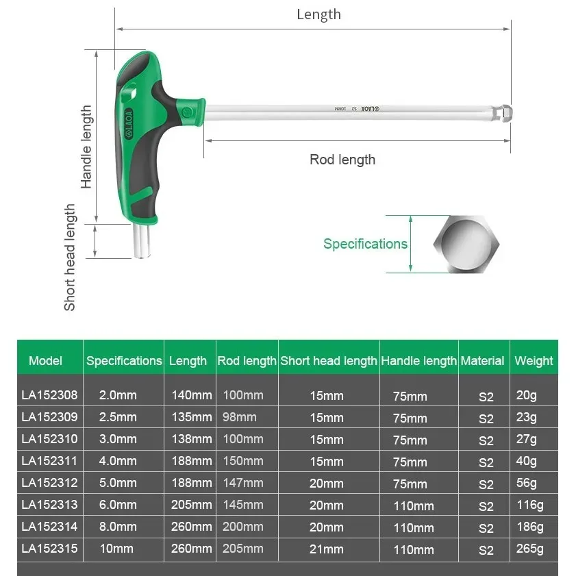 LAOA 1pc Allen Key Universal Double-end Hex Ball Head Spanner T-Type Handle Wrench Repair Auto Hexagon Screwdriver