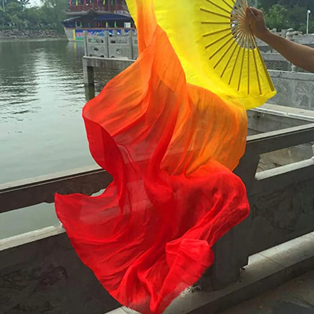 

2pcs Long Veil Dance Fans Gradient Flame Faux Silk Folding Handheld Belly Stage Festival Fan Prop Decorative Collapsible