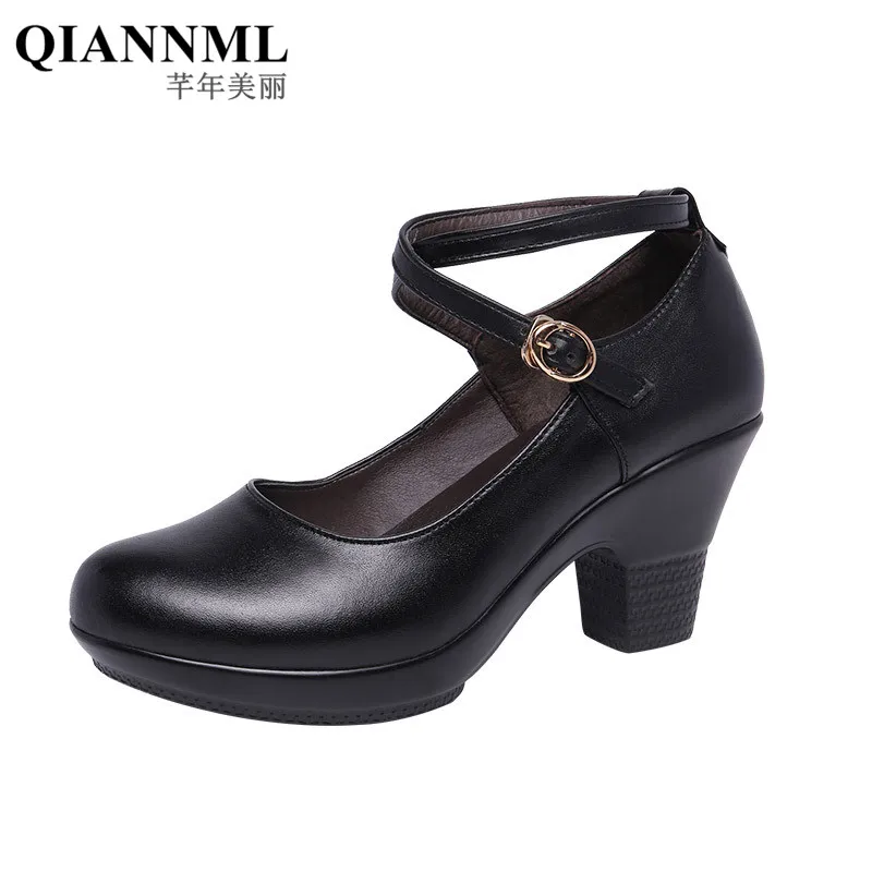 7cm Small Size 32-43 Gladiator Pumps Women Genuine Leather Shoes 2024 Med Block Heels Platform Shoes for Office Model Dance Mom