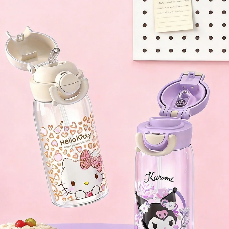 X&W Sanrio Plastic Straw Cups Hello Kitty Kuromi Pop-up Spout Summer Water Bottle Portable Outdoor Drinking Cup for Students Kid