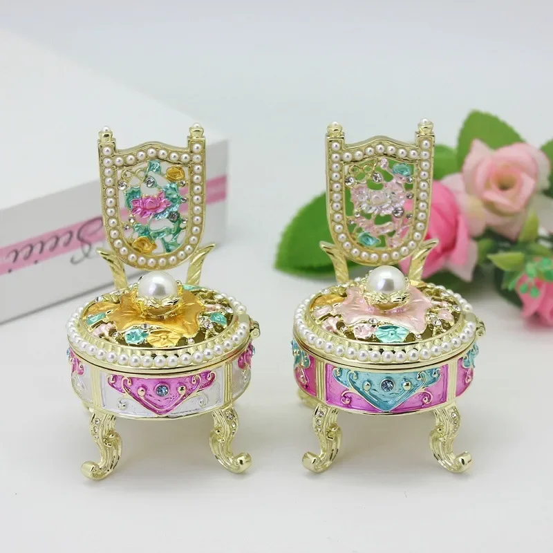 Enamel Pearl Princess Chair Jewelry Box Alloy Tabletop Decoration Ornament Wedding Birthday Small Gift Wholesale