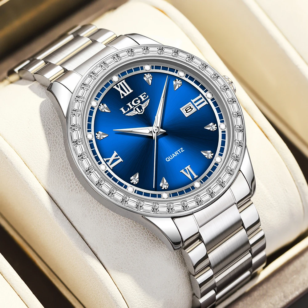 

LIGE Men Watch Water Diamond Luxury Night Glow Calendar Quartz Movement 41mm Blue Stainless Steel Fashion Business Watch for Men