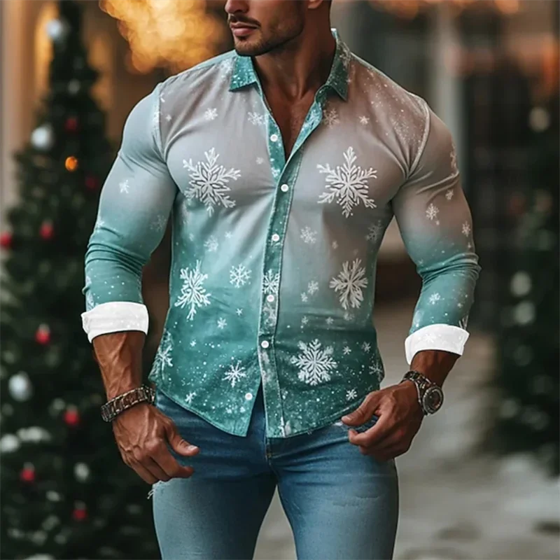 

New Men's Floral 3D Snowflake Print Long Sleeve Shirt Beach Fashion Lapel Men's Christmas and New Top New Elegant Floral Costume