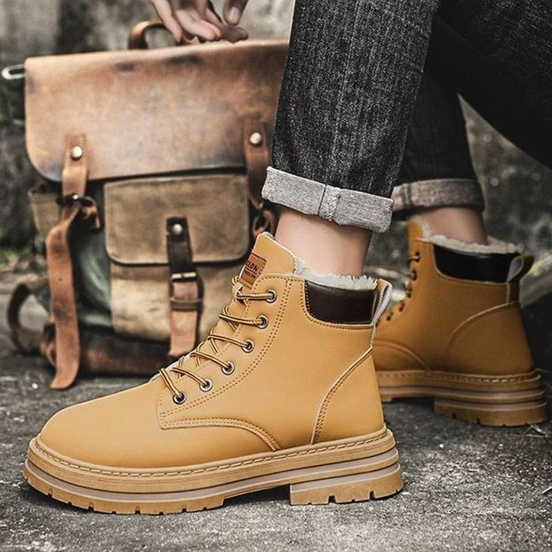 Men's Size 47-48 Furry Thickened Bumblebee Pattern Work Boots Korean Style Outdoor Hiking Boots for Men