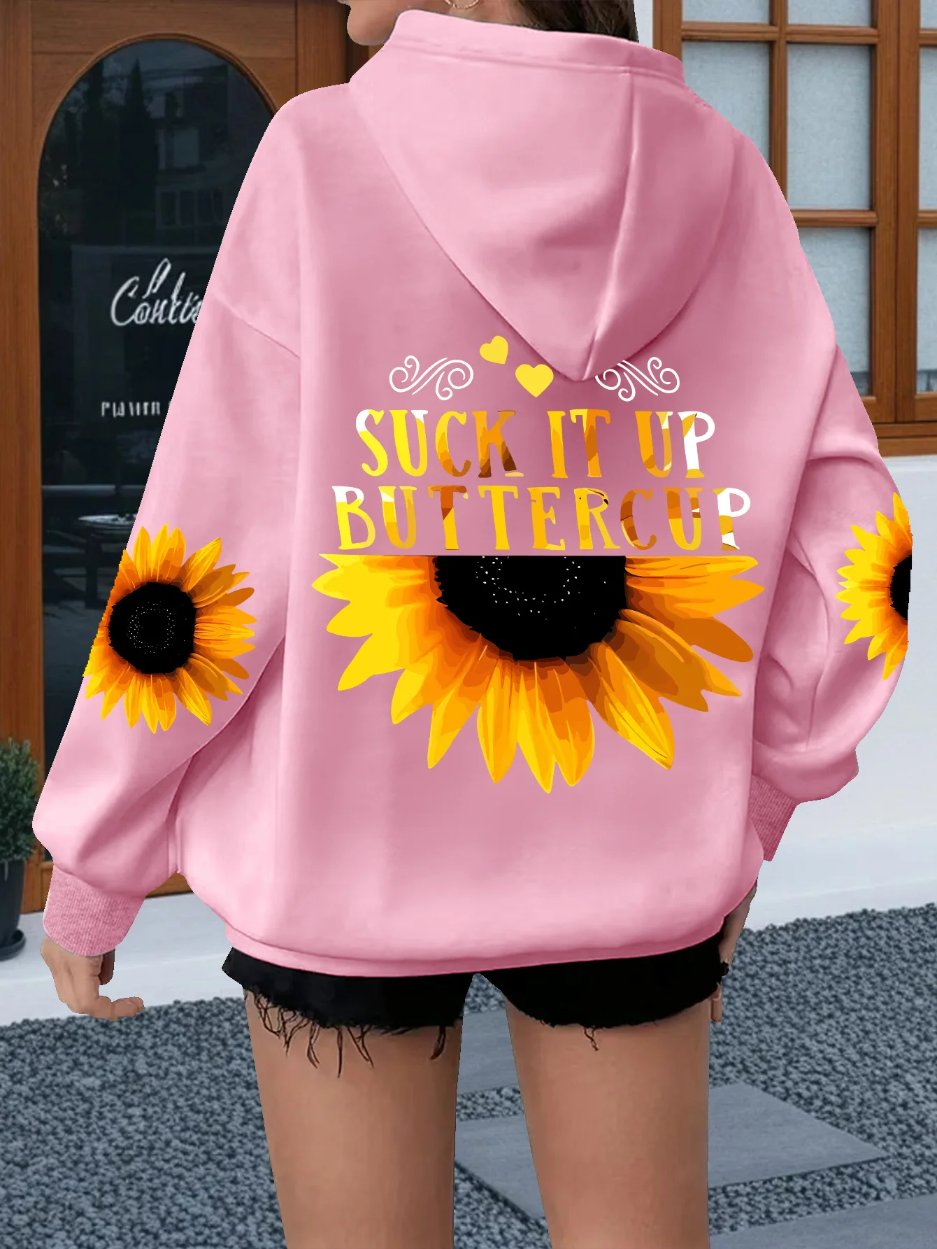 Healing Warm Yellow Gradient Sunflower Love Printed Large Women's Hoodie, Casual Drawstring Hoodie Long Sleeve