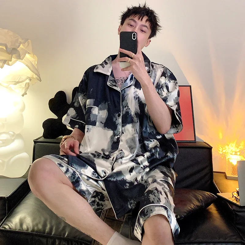 

165kg Plus Size Men Two-Piece Pajamas Summer Short-Sleeved Shorts Set Print Satin Silky Sleepwear Student Teenage Home Clothes