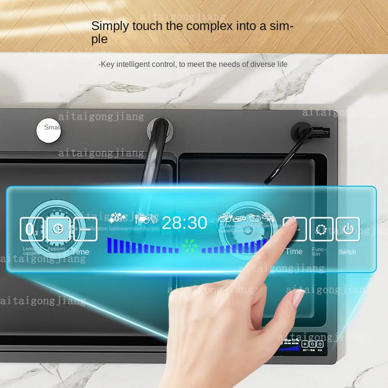Honingraatafvoer Links Rechts Digitaal display Aanrecht Vliegen Regen Waterval Grote enkele spoelbak 304 roestvrij staal Huishouden