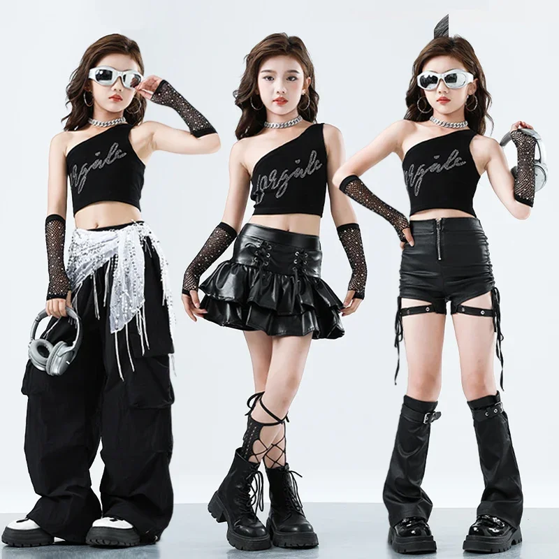 

Cool Girls Black Jazz Dance Suit Kpop Performance Stage Wear Summer Tank Top Shuffle Pants Children Trendy Suit Streetwear