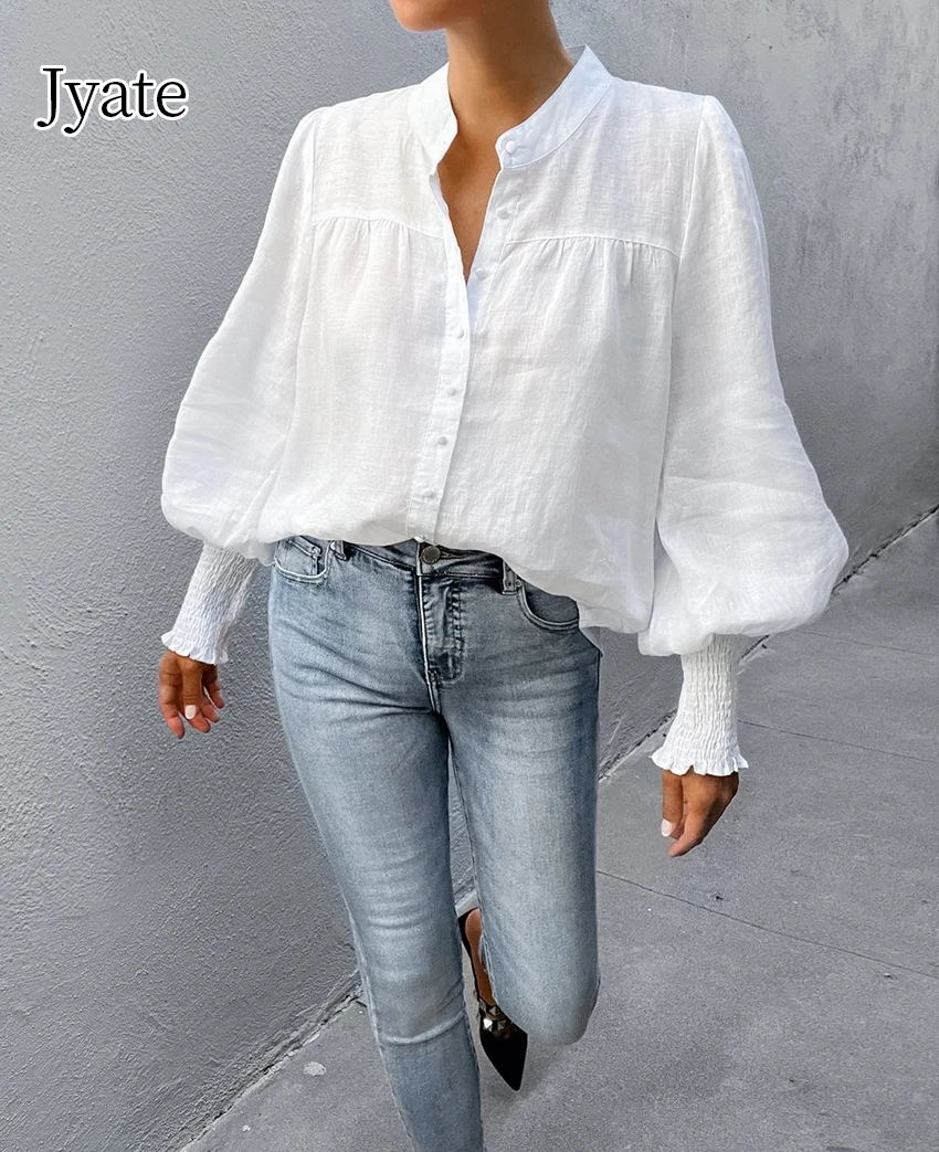 Jyate 2024 Spring Women Long Lantern Sleeve Shirt Blouses V-Neck Button White Working Office Lady Shirt Casual Loose Blouse Top