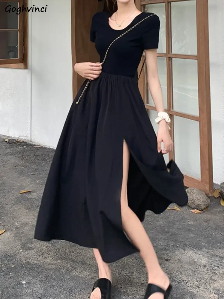 

Black Long Dresses for Women Elegant Side-slit Vintage Temper French Style Fashion Summer Vestidos Chic Defined Waist Streetwear