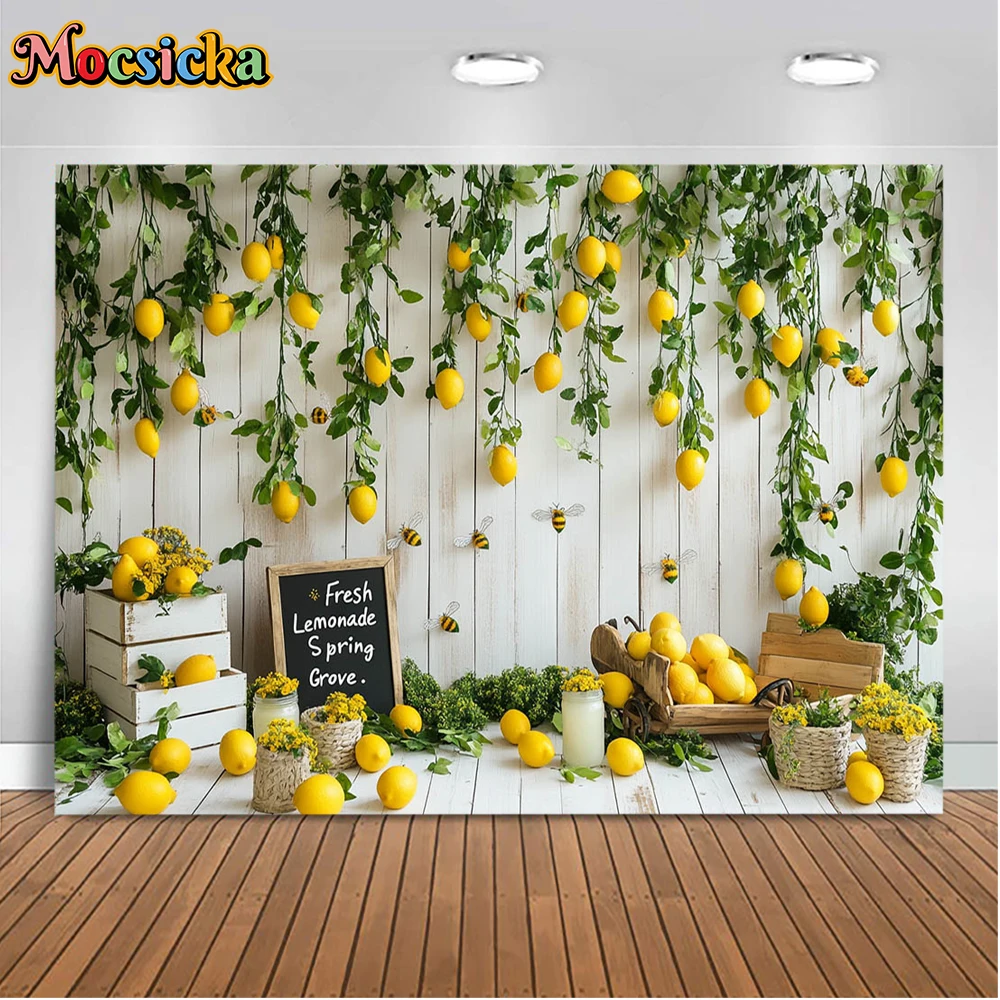 Mocsicka-Fondo de fotografía de limón, fiesta de cumpleaños de primavera, plantas, flores, cajas de madera, tema fresco, decoración de estudio, utilería de fondo