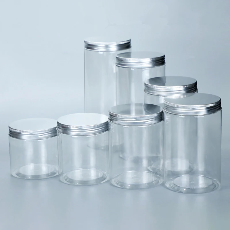 1Pc Aluminum Cap Sealed Cans PET Empty Transparent Plastic Bottles 15 Sizes Wide Mouth Jar Oil Wax Packaging Container With Lids