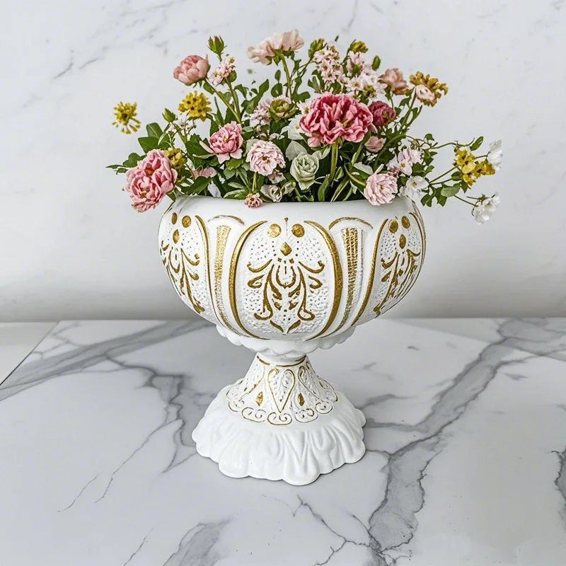 Vintage European Iron Tall Flower Pot Gold Embossed Vase Hotel Table Decor