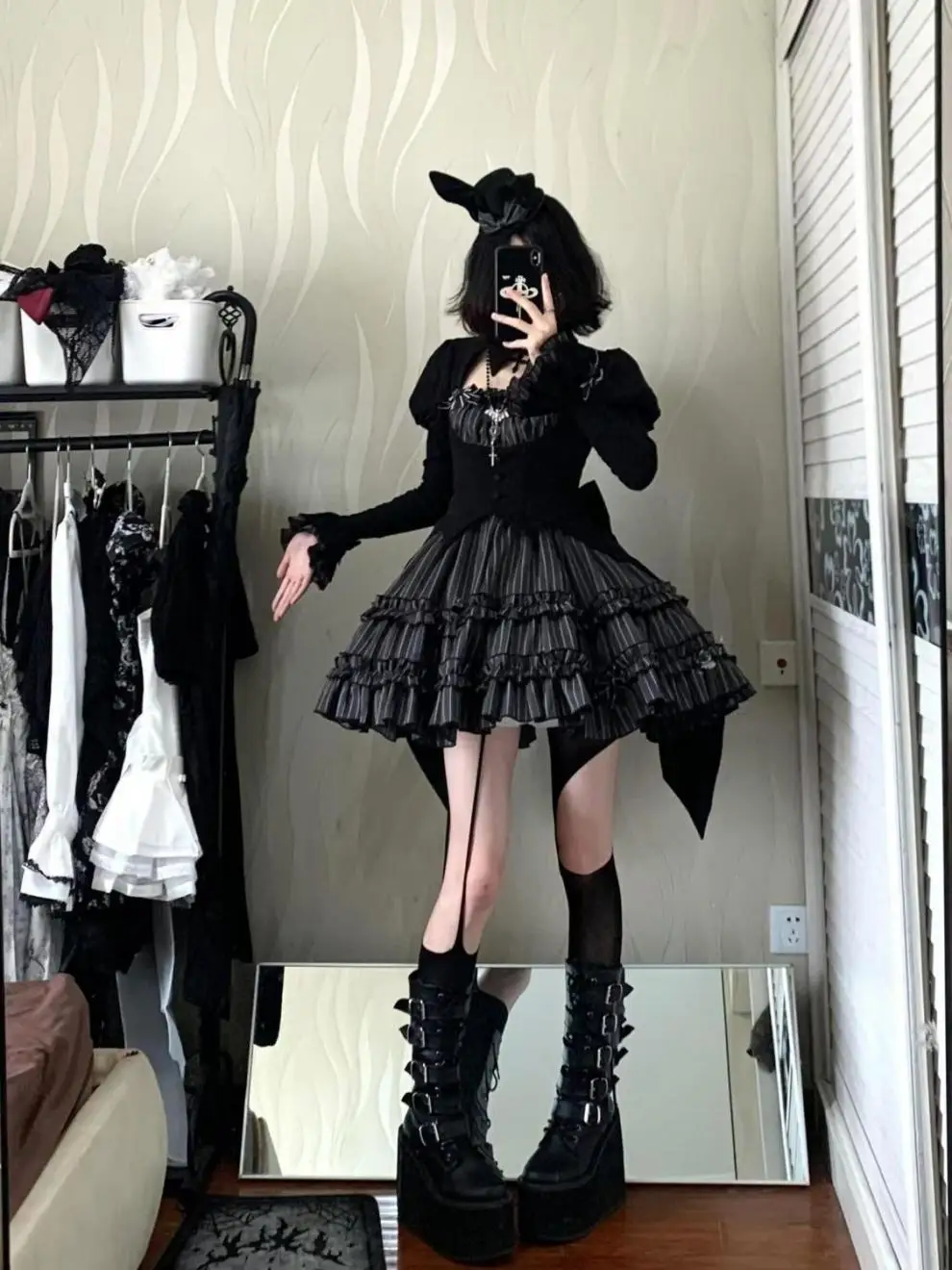 Dark Gothic Style Halloween Lolita Splicing Flared Sleeve Slim Fit Shirt Top High Waist Striped Short Skirt Two Piece Set Women