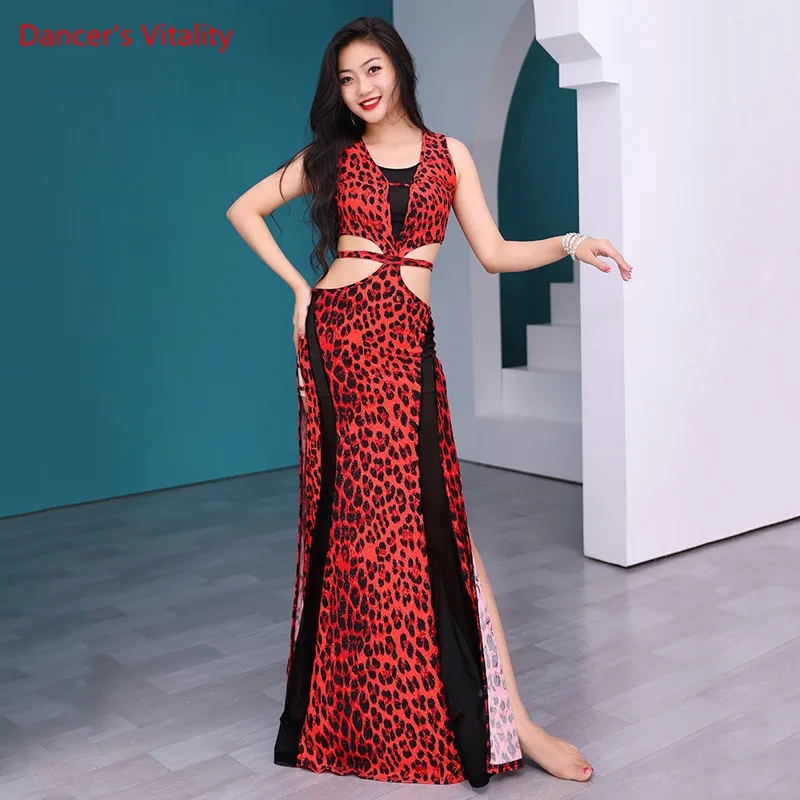 Vestido de danza del vientre con estampado de leopardo para mujer, falda larga dividida, ropa de práctica, Baile Oriental, ropa de rendimiento