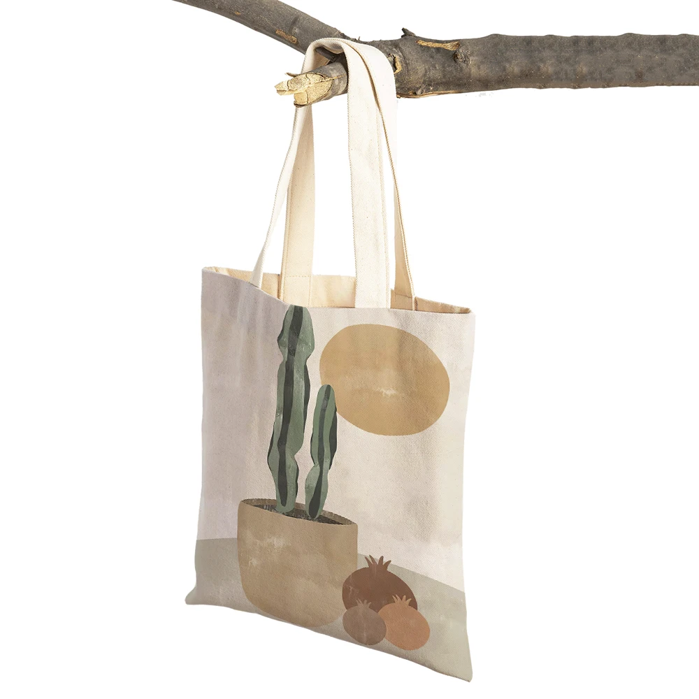 Boho Natural Leaf Cactus Dandelions Shopping Bag  Double Print Women Shopper Bags Lady Canvas Tote Reusable Eco Travel Handbag