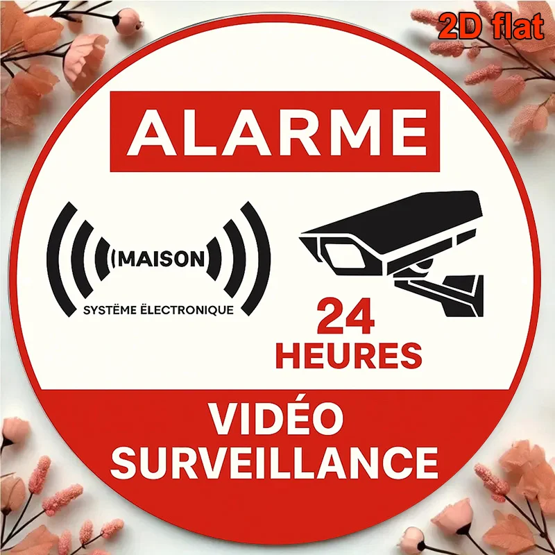 2D Flat, 1pc 8.0X8.0inch Round French Aluminum Security Sign - 24/7 Video Surveillance Alarm with Camera Icon, Durable Weather-R