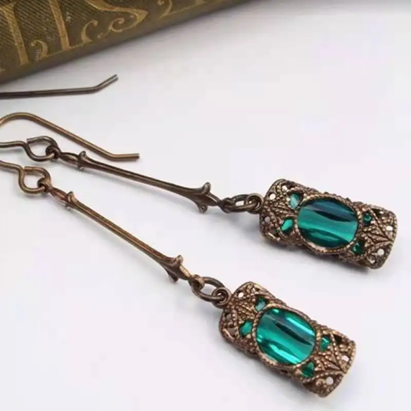 Vintage long-style distressed-chic zirconia rectangular earrings
