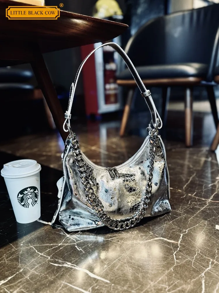 Fashion Females Zipper Genuine Leather Bag Womens New Style Solid Color Cowhide Handbag Chain Single Shoulder Bag Underarm Bags