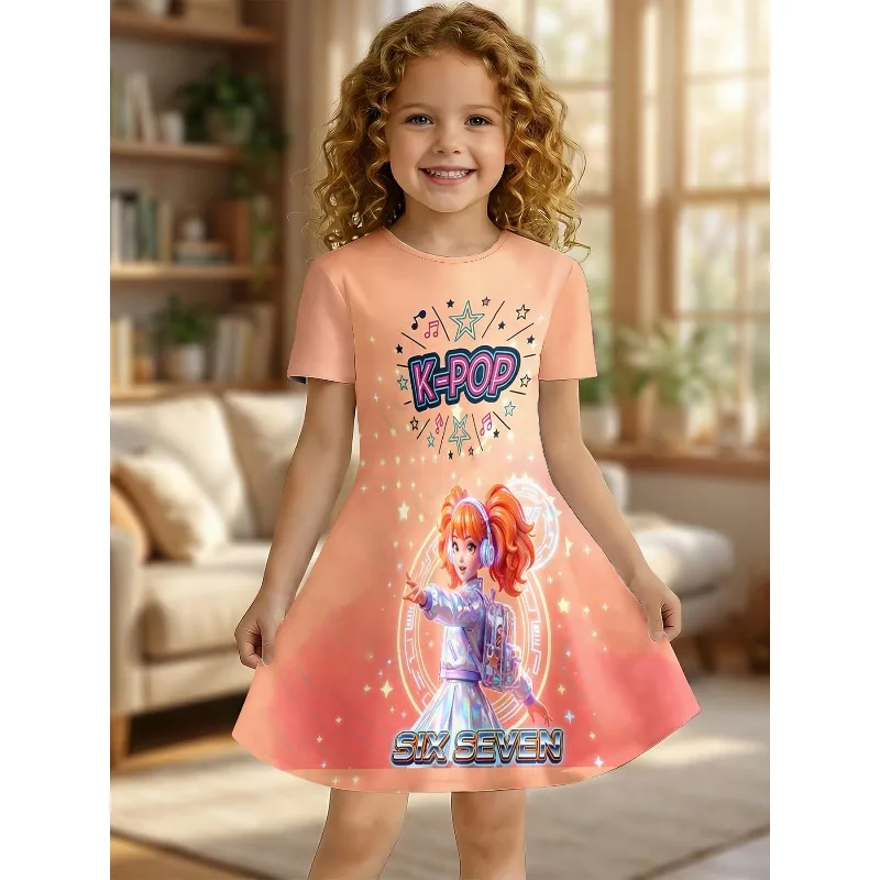 Little Girls Soft Sweet Fresh Cute Chic Cartoon Floral Print Summer Swing Dress Short Sleeve Kids Casual Daily Outfit