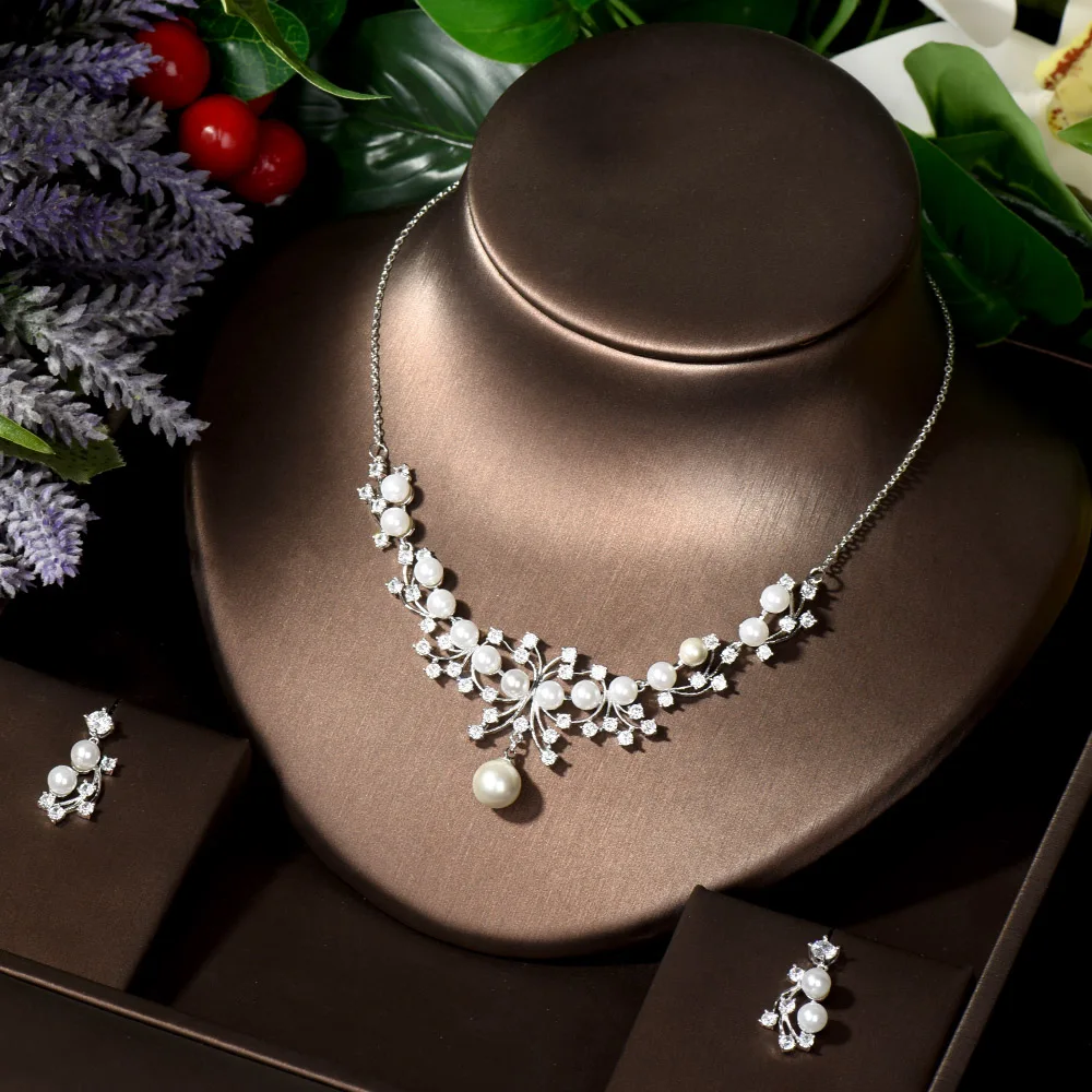 HIBRIDE Pearl Costume Women Fashion Jewelry Sets White CZ Earrings Pendant Necklace Luxury Bridal Wedding Jewelry N-1261