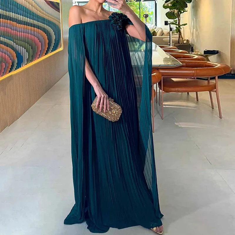 Ellafads Women's Maxi Dress Summer Elegant Off-The-Shoulder Pleated Solid Color Loose Fashion Holiday Dresses Streetwear