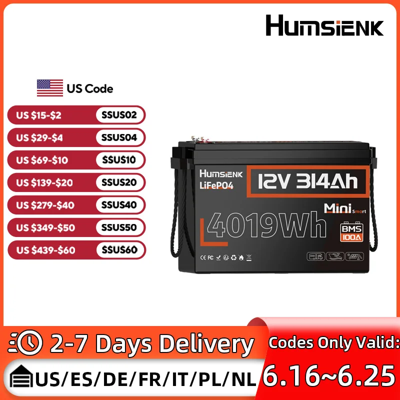 

Humsienk Bluetooth LiFePO4 Battery 12V 314AH With 100A BMS A+ Cells 15000 Cycles Real- time Monitor For Outdoor / Household
