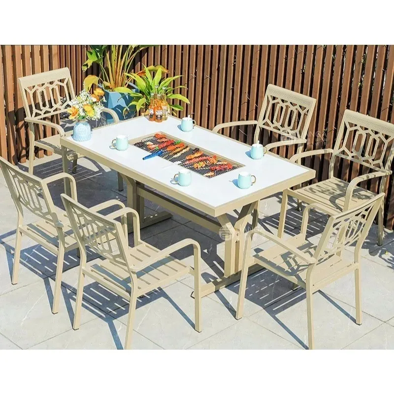 

Leisure villa terrace barbecue table and chairs outdoor open-air courtyard imitation wood grain long table