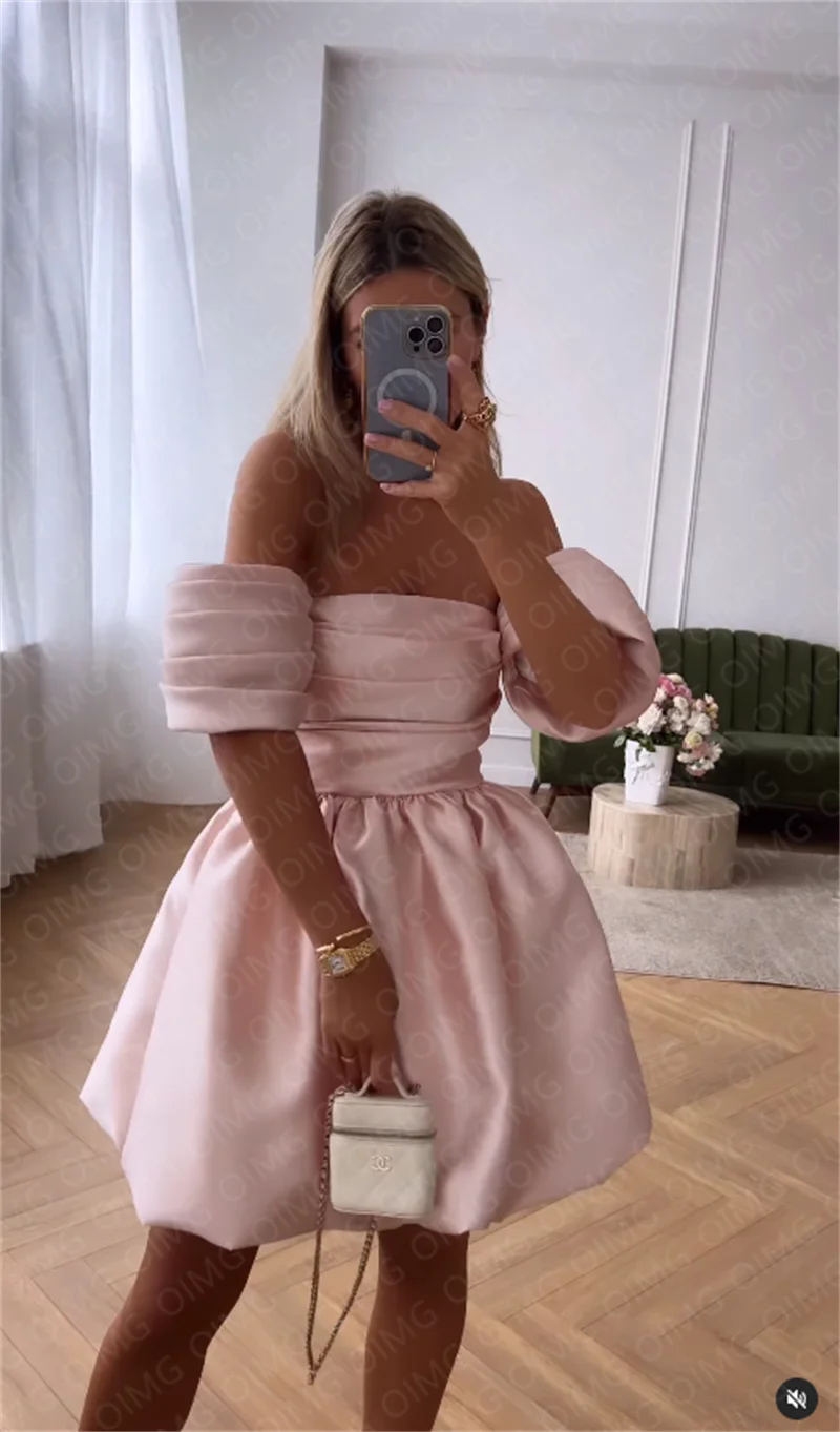 OIMG Special Light Pink Short A Line 2023 Satin Evening Dress Short Sleeves Strapless Formal Night Club Party Dress Prom Gowns