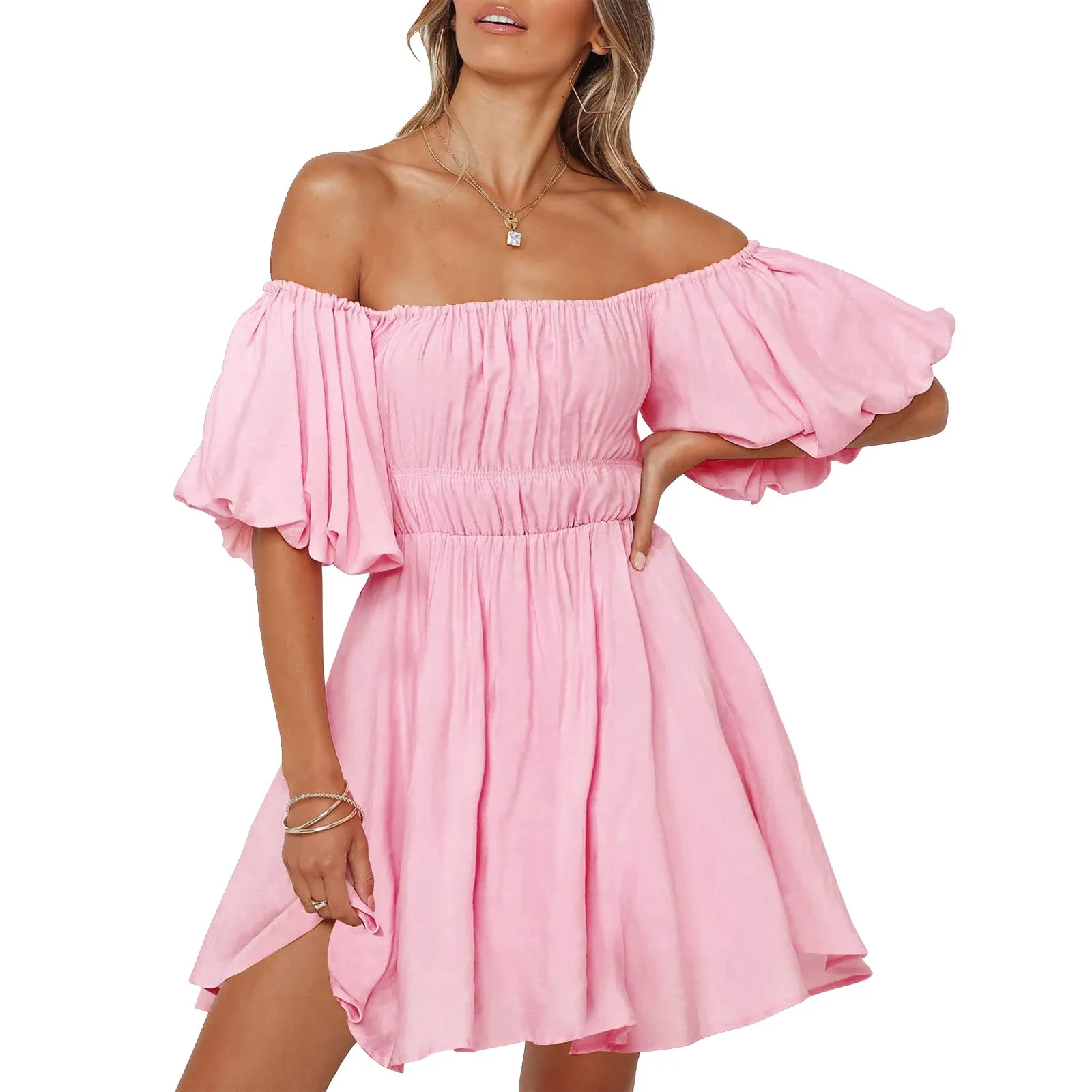 

Women's Summer Dress Puff Sleeve Off Shoulder Solid Color Loose Mini Dresses Ruffled A Line Flowy Swing Beach Short Skirts