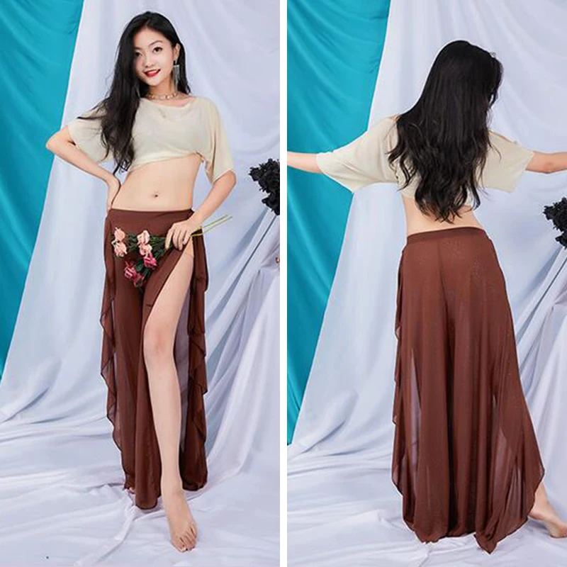 Vrouwen Buikdans Kostuum Oosterse Sexy Tule Praktijk Dragen Professionele Bellydance Crop Top Effen Kleur Split Lange Rok Outfit