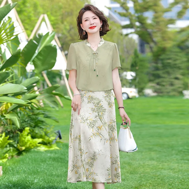 

Office Lady Printed Dresses Fake Two Pieces Fashion Patchwork Summer Short Sleeve Chic Beading Female Loose A-Line Midi Dress