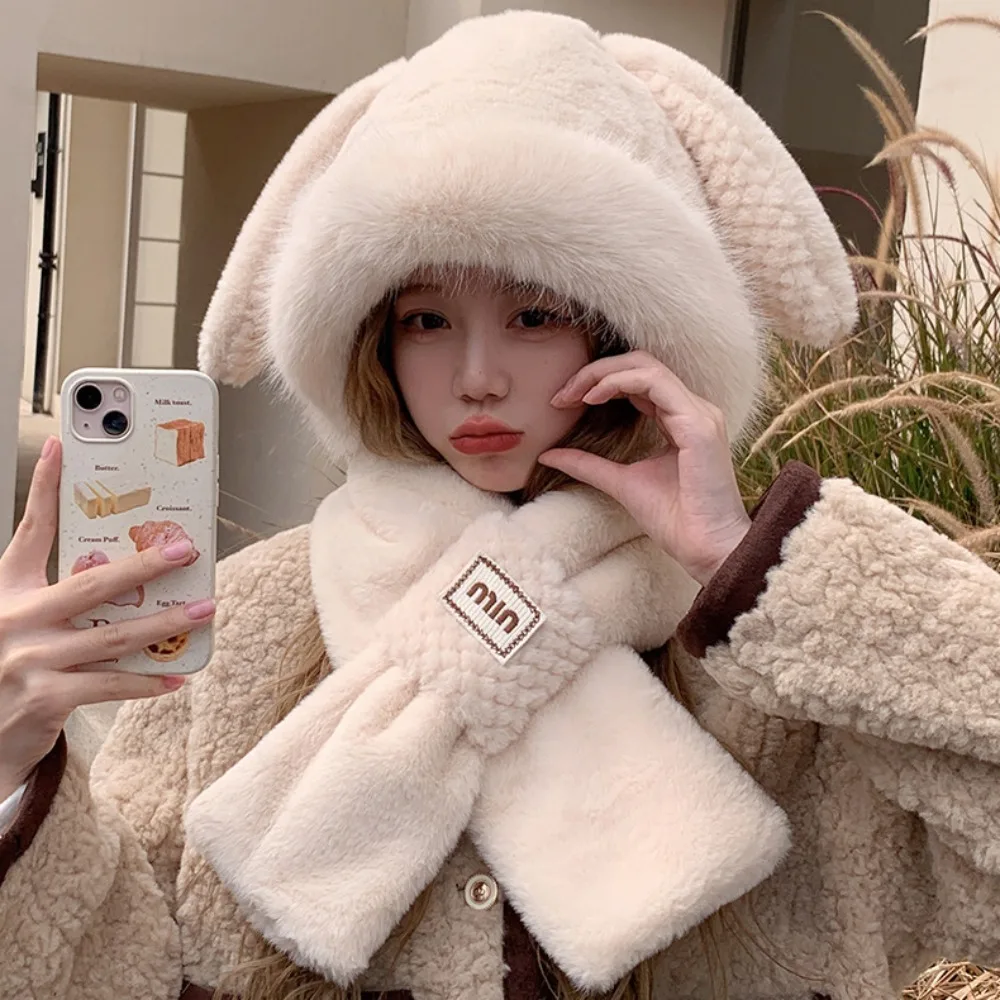 Hot Sale Thickened Plush Hat Scarf Gloves Set Cute Rabbit Ear Winter Warm Women Beanies Cap Integrated Cap Scarf Outdoor