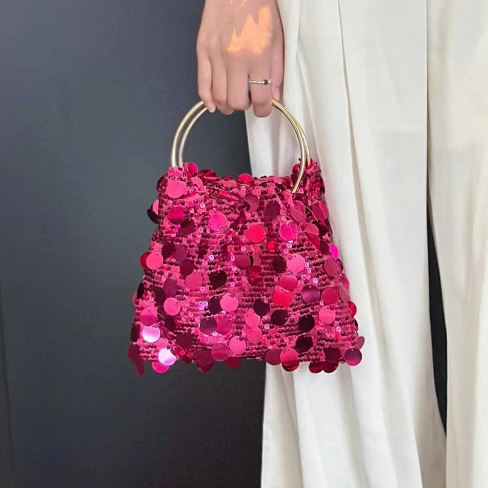 

Candy Color Sequins Evening Bags for Women Round Handle Women's Bag NEW Clutch Ladies Luxury Handbag and Purse Wedding Purses