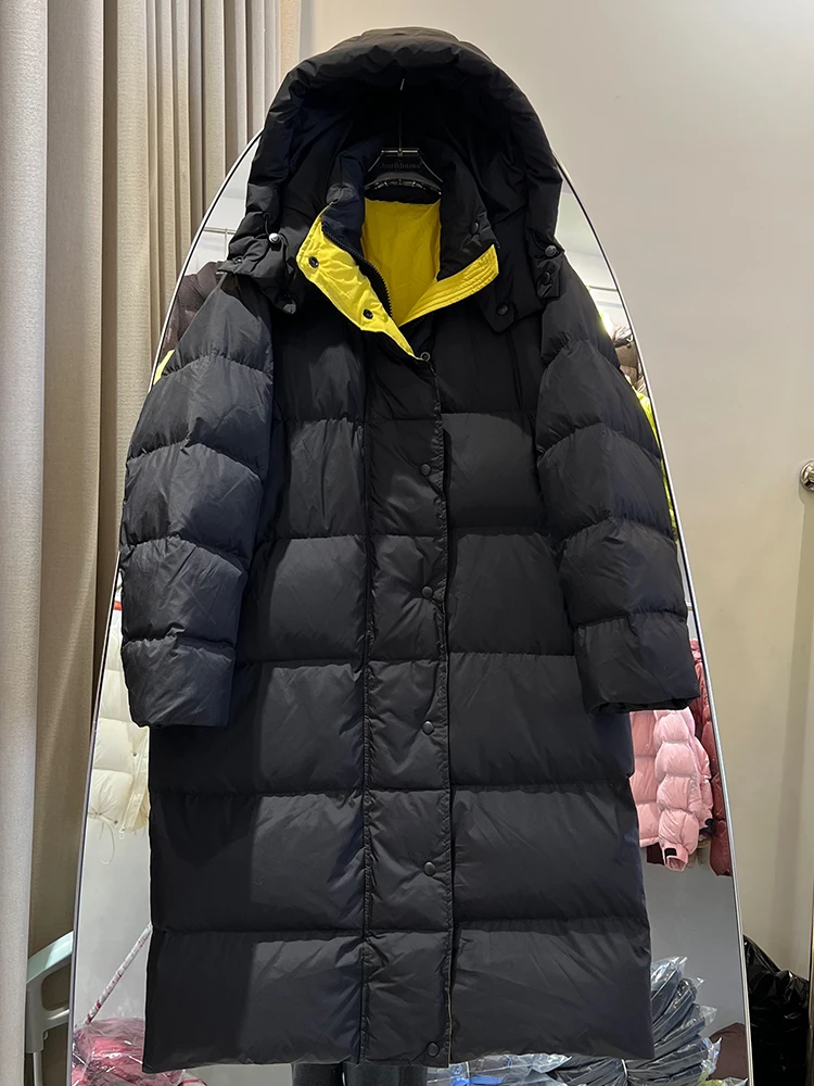 Winter new long cross knee contrasting color hooded down jacket women loose and thick warm white duck down jacket