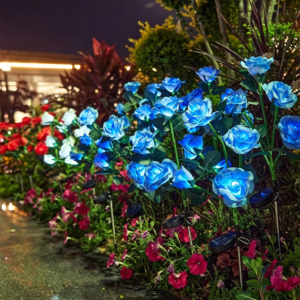 1PC Solar 5 Heads Rose Lights,Outdoor Artificial Flower LED Garden Lamp,Waterproof Landscape Stake Light,Patio Yard Home Decor