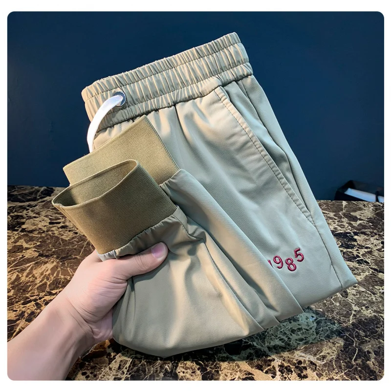 

Summer ice silk casual pants for men, trendy embroidery drawstring sports and casual versatile quick drying pants