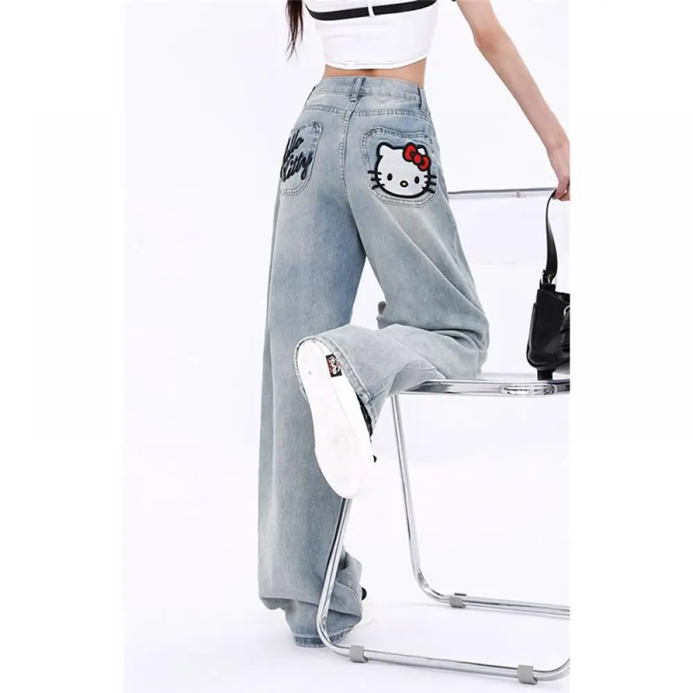 Hello Kitty Y2K Jeans Sanrioed Anime Kawaii primavera pantalones de cintura alta mujeres estilo japonés bordado aspecto fino estudiante suelto