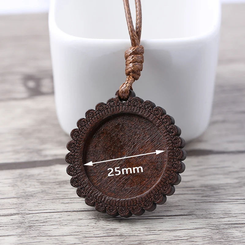onwear 5pcs 25mm round wood cabochon blanks diy blank cameo pendant base setting trays with leather cord for jewelry making