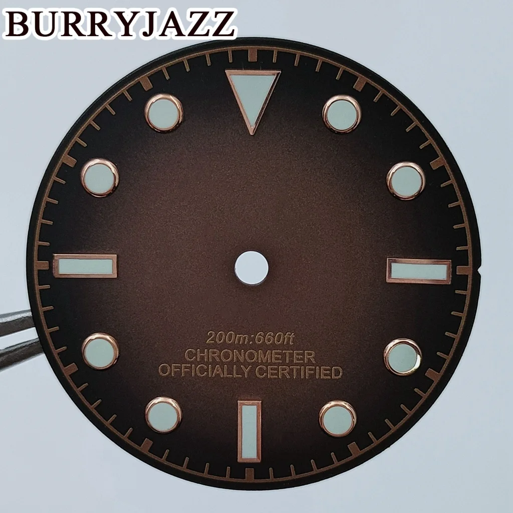 BURRYJAZZ 29mm No Logo NH35 NH36 ETA2824 2836 PT5000 Miyota 8215 Watch Dials Brown Dial Green Luminous Fit 3 O\'clock Case Crown