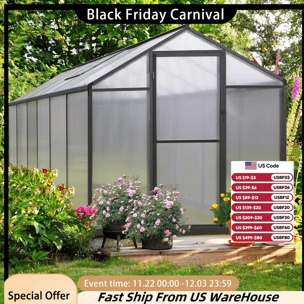 Outdoor Greenhouse, Polycarbonate Greenhouse with Aluminum Frame, Lockable Door and Ajustable Roof Vent for Backyard, 6 X 12 FT