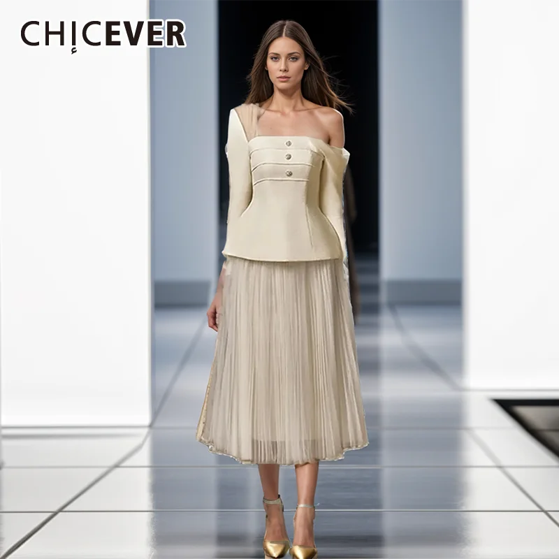 CHICEVER Solid Elegant Two Piece Sets Women Diagonal Collar Long Sleeve Spliced Mesh Top High Waist Mesh A Line Skirt Set Female